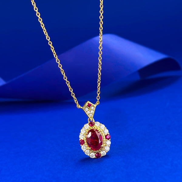 Yellow Gold Oval Ruby Halo Pendant Necklace - ZORVA JEWELRY