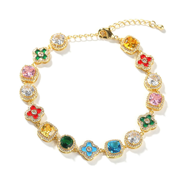 Colorful Four-Leaf Clover Gemstone Bracelet - ZORVA JEWELRY golden