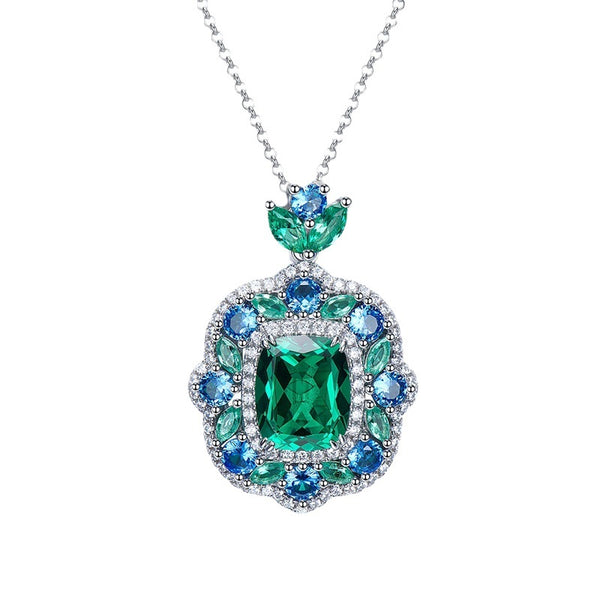 Emerald-Cut Green & Blue Gemstone Halo Pendant Necklace- ZORVA JEWELRY
