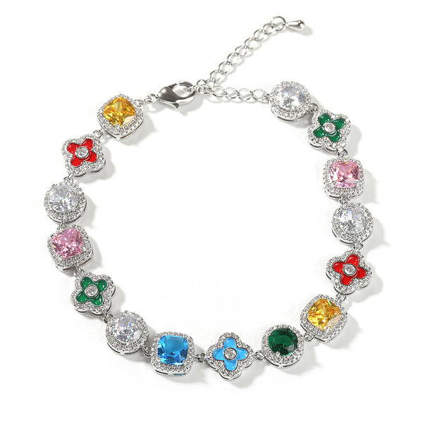 Colorful Four-Leaf Clover Gemstone Bracelet - ZORVA JEWELRY silvery