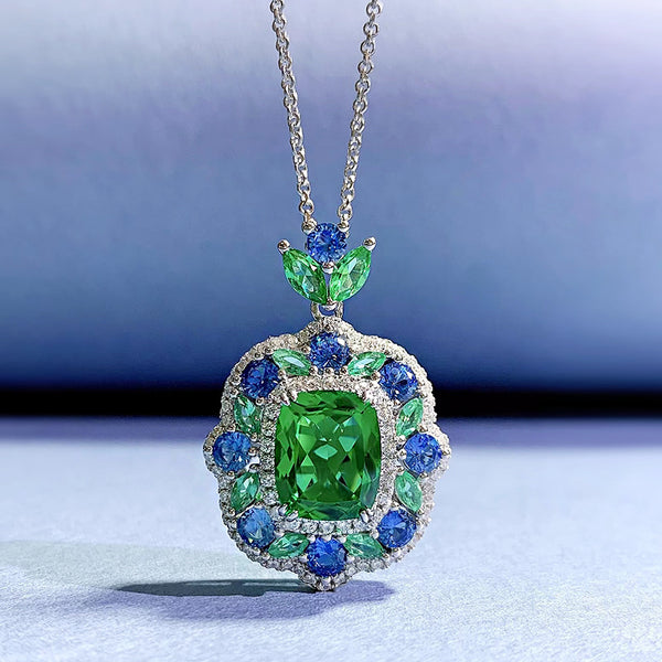 Emerald-Cut Green & Blue Gemstone Halo Pendant Necklace- ZORVA JEWELRY