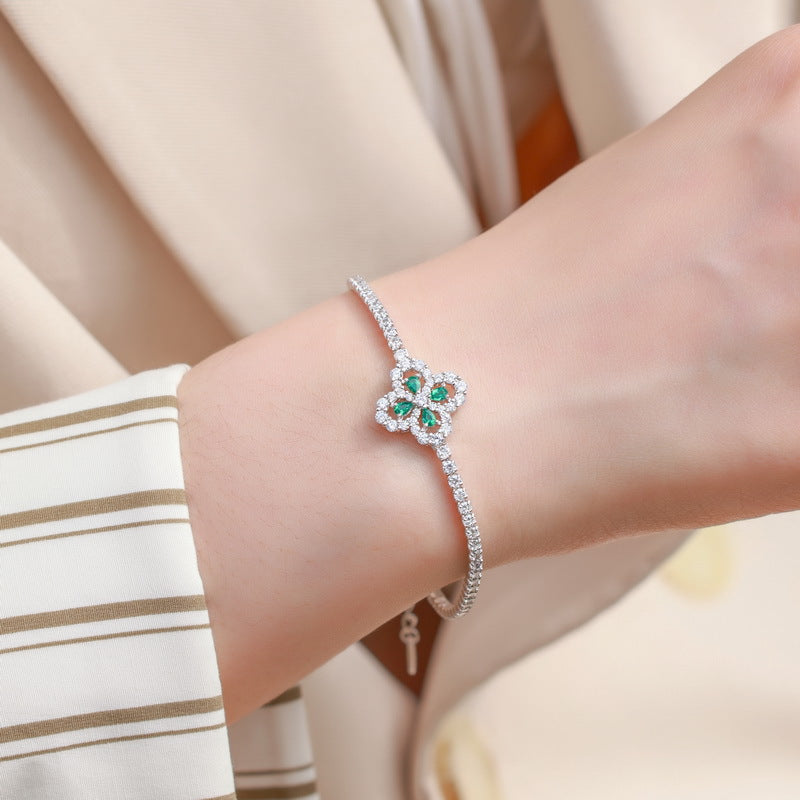 Four-Leaf Clover Green Gemstone Tennis Bracelet - ZORVA JEWELRY