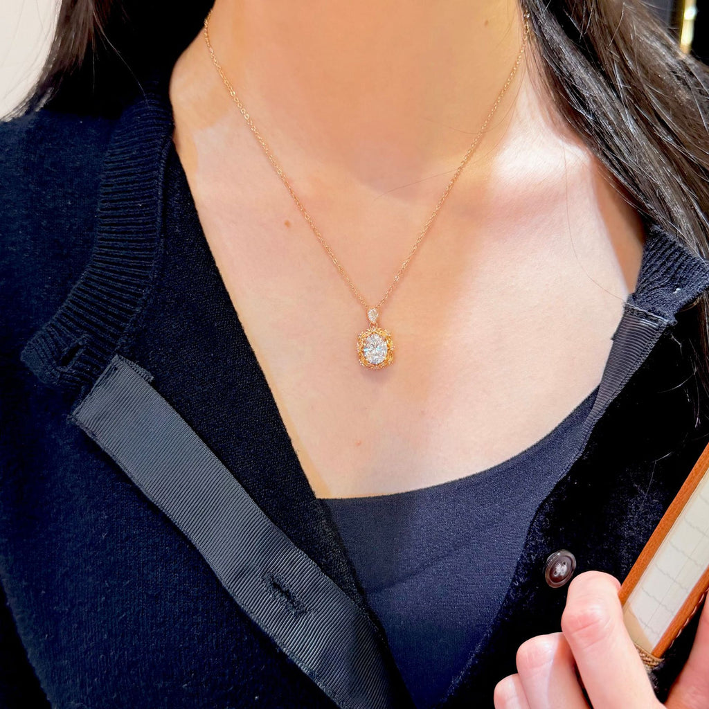 Rose Gold Leafy-Cluster Oval Diamond Pendant Necklace - ZORVA JEWELRY
