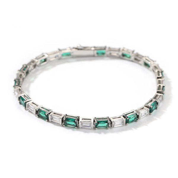 Emerald-Cut Green & White Alternating Tennis Bracelet - ZORVA JEWELRY Green