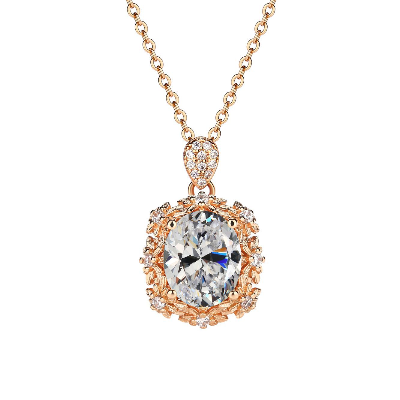 Rose Gold Leafy-Cluster Oval Diamond Pendant Necklace - ZORVA JEWELRY