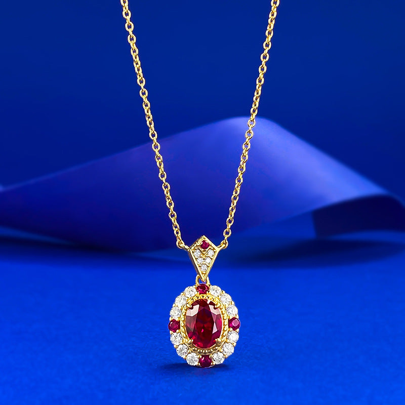 Yellow Gold Oval Ruby Halo Pendant Necklace - ZORVA JEWELRY