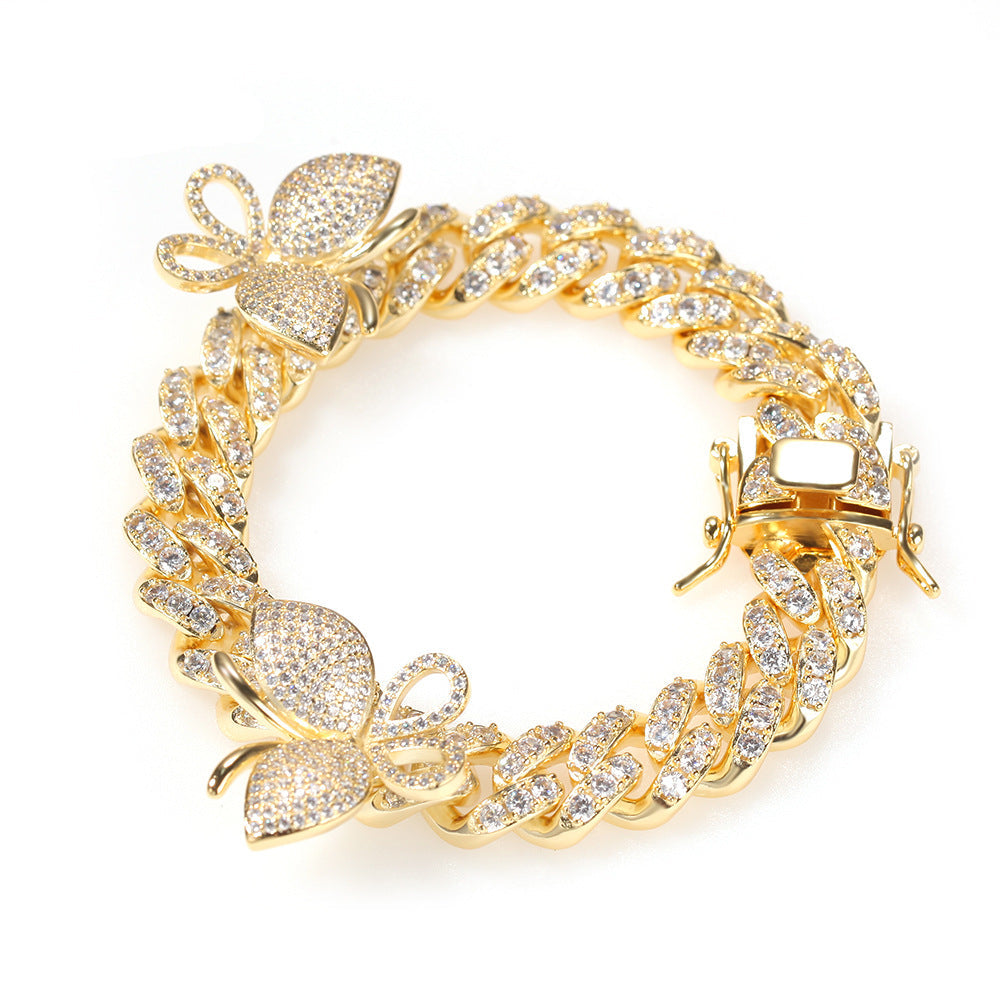 Butterfly Diamond-Encrusted Cuban Link Gold Bracelet - ZORVA JEWELRY