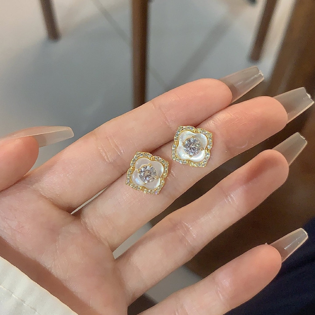Four-Leaf Mother-of-Pearl Diamond Earrings - ZORVA JEWELRY