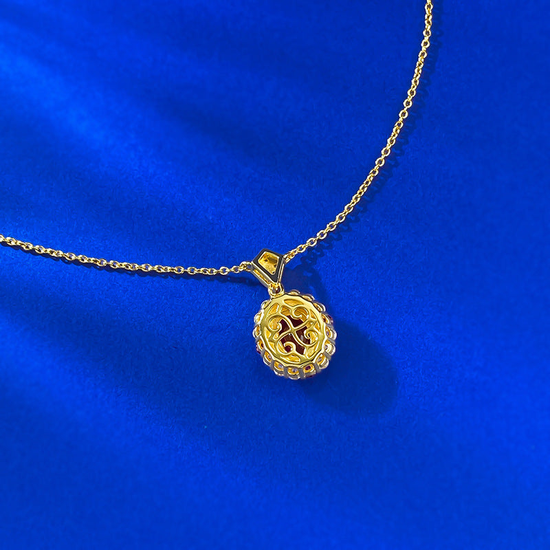 Yellow Gold Oval Ruby Halo Pendant Necklace - ZORVA JEWELRY