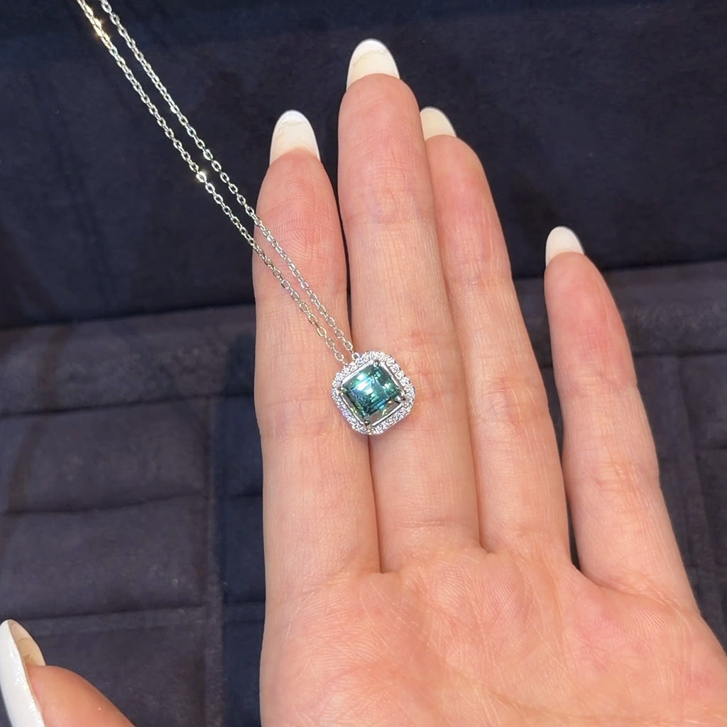 Emerald-Cut Green Gemstone Halo Pendant Necklace - ZORVA JEWELRY