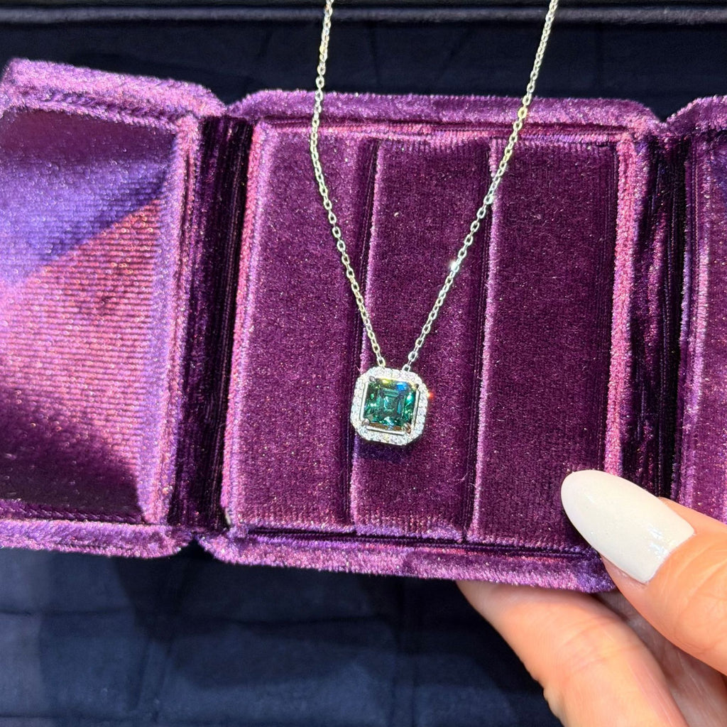 Emerald-Cut Green Gemstone Halo Pendant Necklace - ZORVA JEWELRY