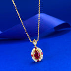 Yellow Gold Oval Ruby Halo Pendant Necklace - ZORVA JEWELRY