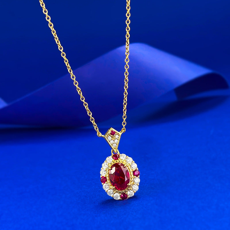 Yellow Gold Oval Ruby Halo Pendant Necklace - ZORVA JEWELRY