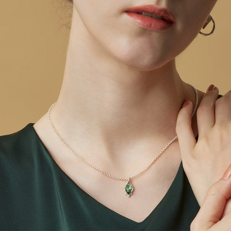 Marquise-Cut Green Vein Stone Silver Necklace - ZORVA JEWELRY