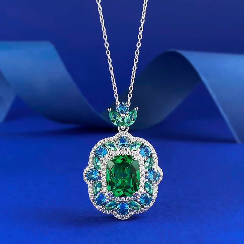Emerald-Cut Green & Blue Gemstone Halo Pendant Necklace- ZORVA JEWELRY