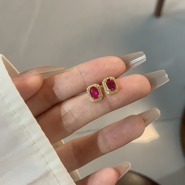 Cushion Cut Ruby Halo Stud Earrings - ZORVA JEWELRY
