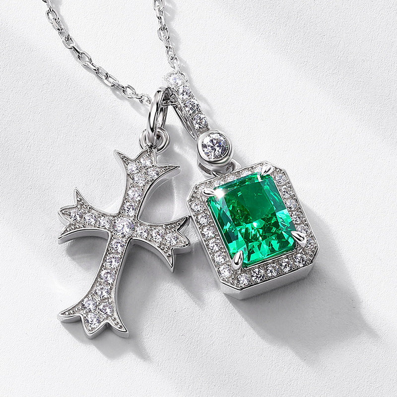 Cross & Emerald Double-Charm Pendant Necklace - ZORVA JEWELRY