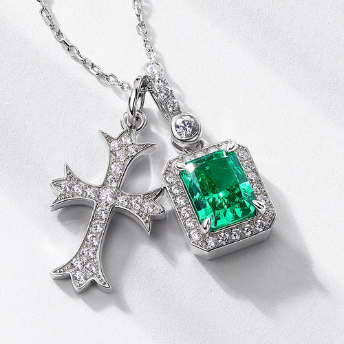 Cross & Emerald Double-Charm Pendant Necklace - ZORVA JEWELRY