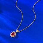 Yellow Gold Oval Ruby Halo Pendant Necklace - ZORVA JEWELRY