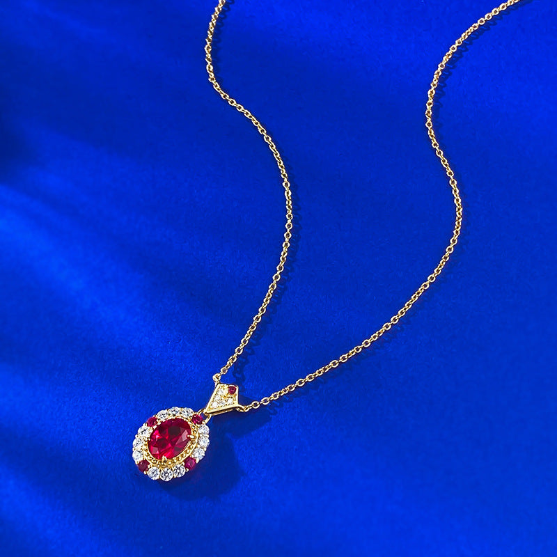 Yellow Gold Oval Ruby Halo Pendant Necklace - ZORVA JEWELRY