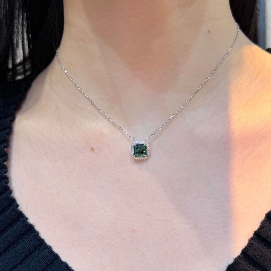Emerald-Cut Green Gemstone Halo Pendant Necklace - ZORVA JEWELRY