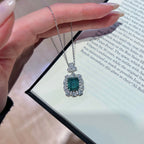 Emerald-Cut Green Gemstone Halo Pendant Necklace - ZORVA JEWELRY