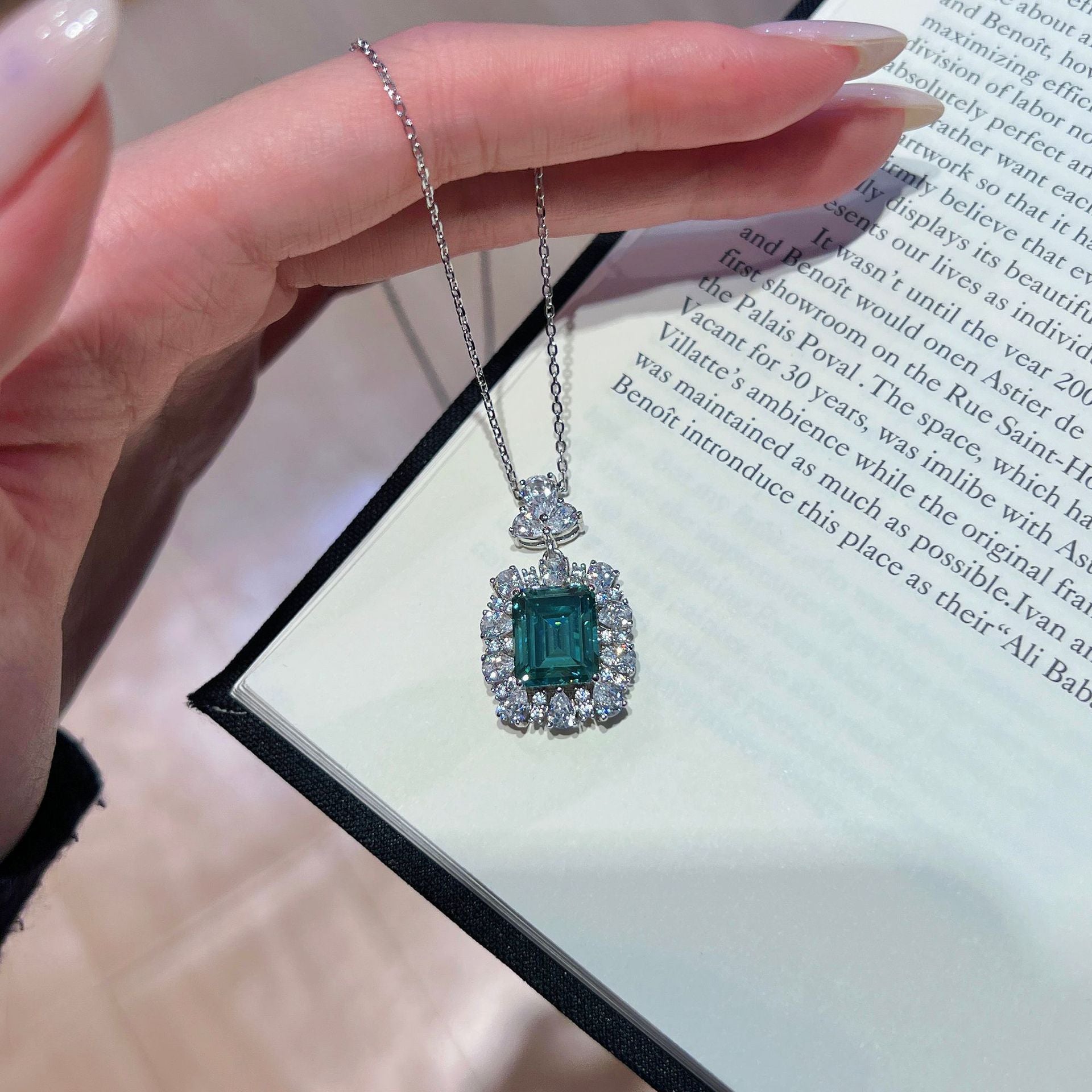 Emerald-Cut Green Gemstone Halo Pendant Necklace - ZORVA JEWELRY