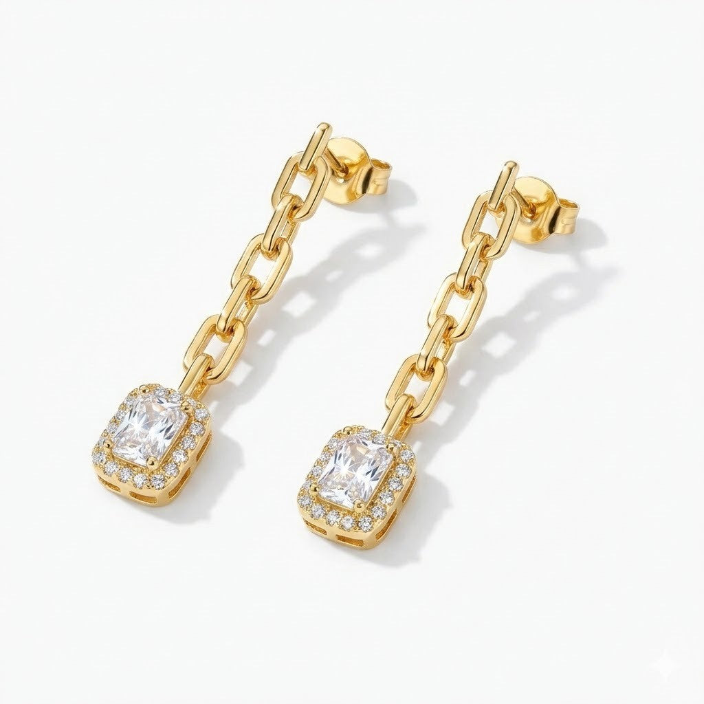 Chain Emerald-Cut Diamond Drop Earrings - ZORVA JEWELRY