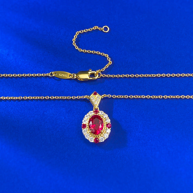 Yellow Gold Oval Ruby Halo Pendant Necklace - ZORVA JEWELRY