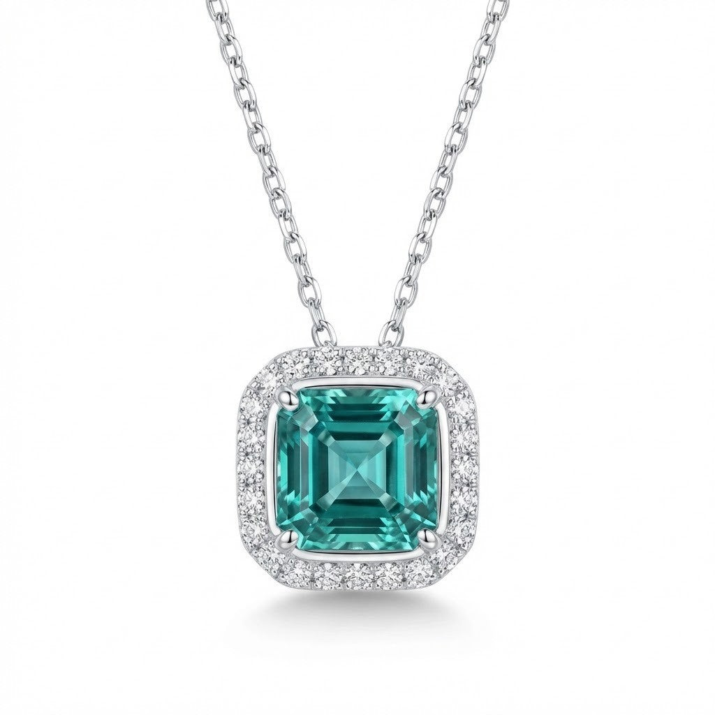 Emerald-Cut Green Gemstone Halo Pendant Necklace - ZORVA JEWELRY