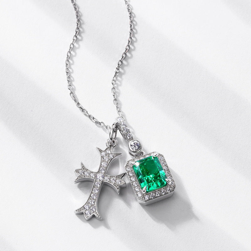 Cross & Emerald Double-Charm Pendant Necklace - ZORVA JEWELRY