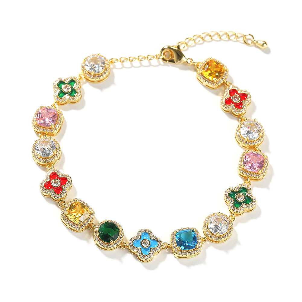 Colorful Four-Leaf Clover Gemstone Bracelet - ZORVA JEWELRY golden