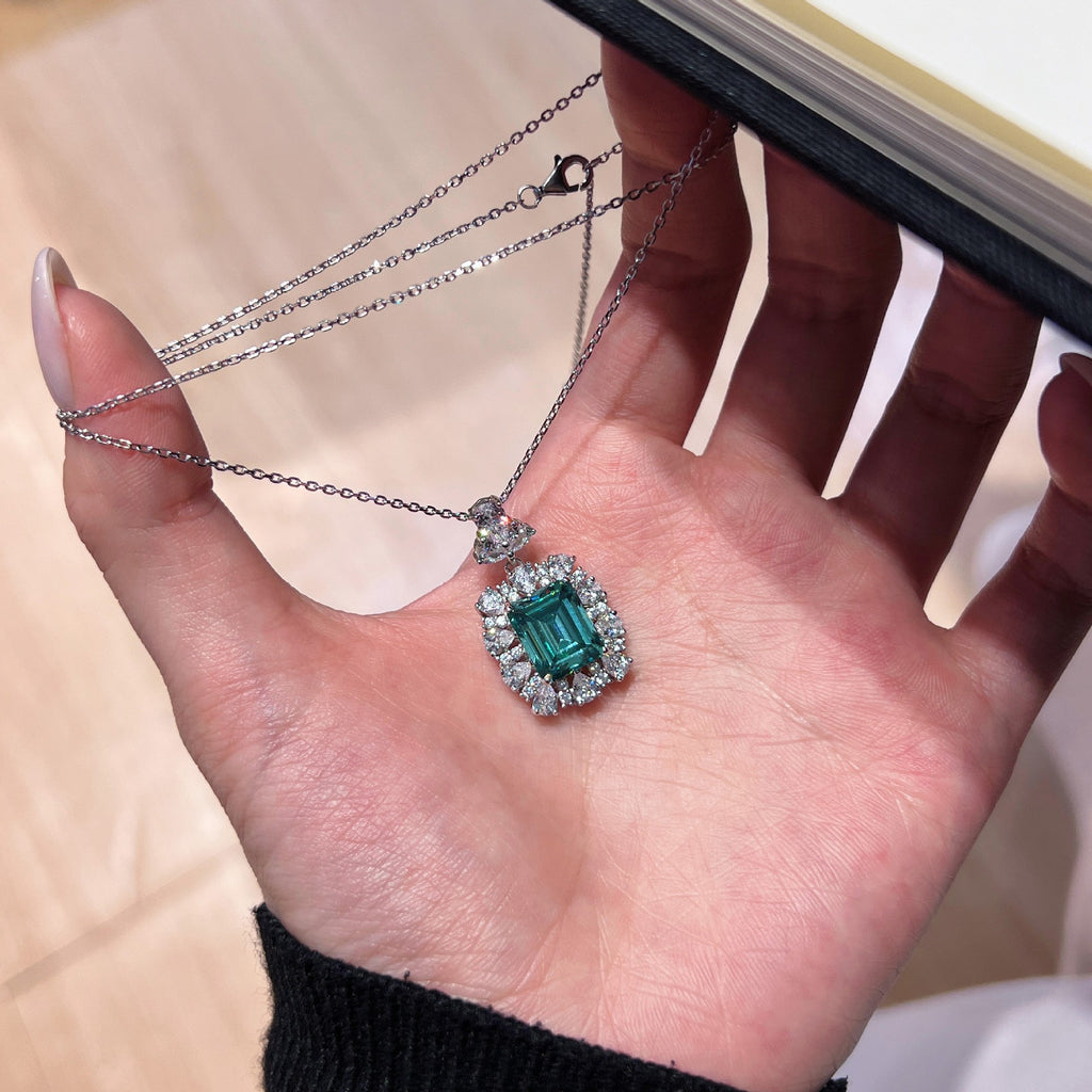 Emerald-Cut Green Gemstone Halo Pendant Necklace - ZORVA JEWELRY