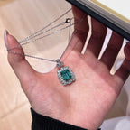 Emerald-Cut Green Gemstone Halo Pendant Necklace - ZORVA JEWELRY