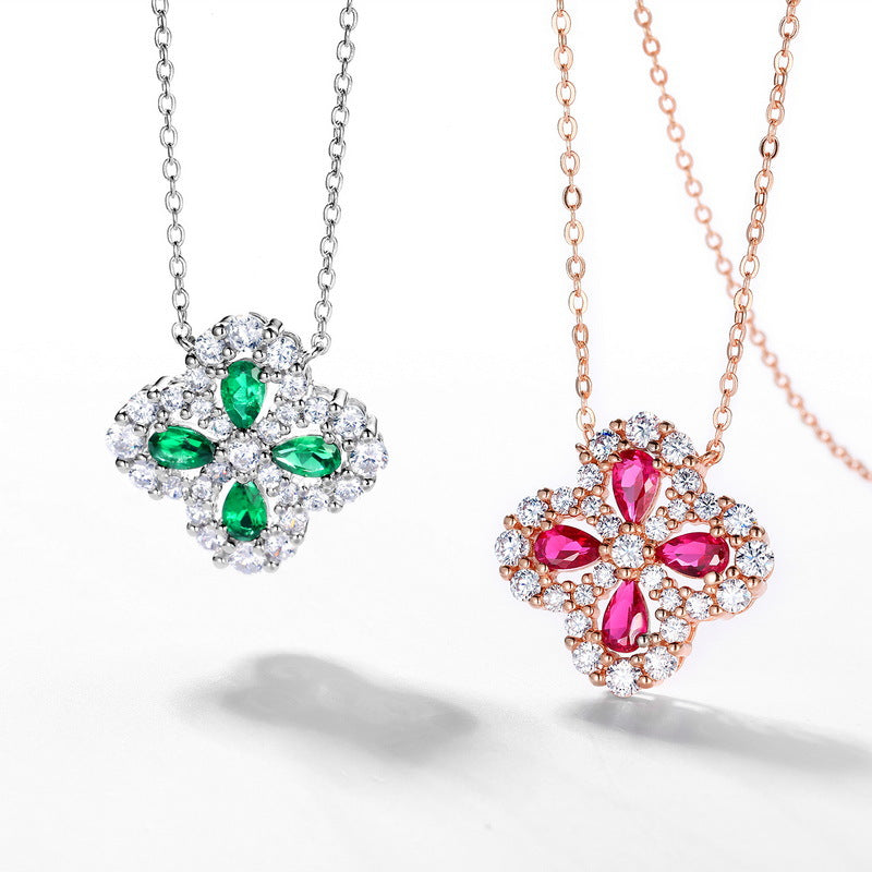 Four-leaf clover red gemstone pendant necklace - ZORVA JEWELRY