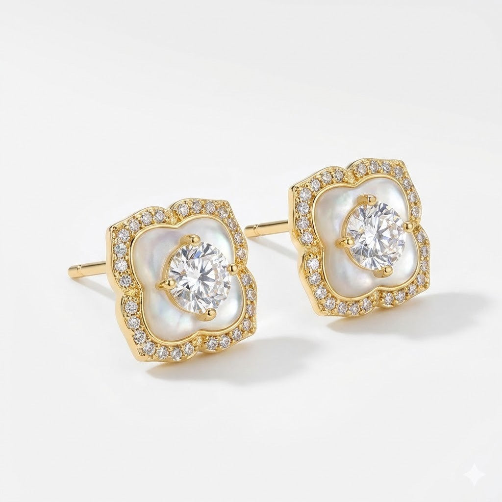 Four-Leaf Mother-of-Pearl Diamond Earrings - ZORVA JEWELRY