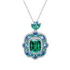 Emerald-Cut Green & Blue Gemstone Halo Pendant Necklace- ZORVA JEWELRY