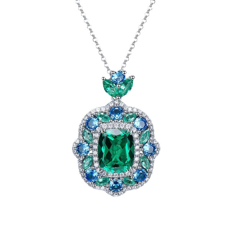 Emerald-Cut Green & Blue Gemstone Halo Pendant Necklace- ZORVA JEWELRY