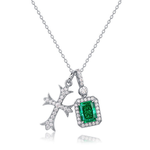 Cross & Emerald Double-Charm Pendant Necklace - ZORVA JEWELRY