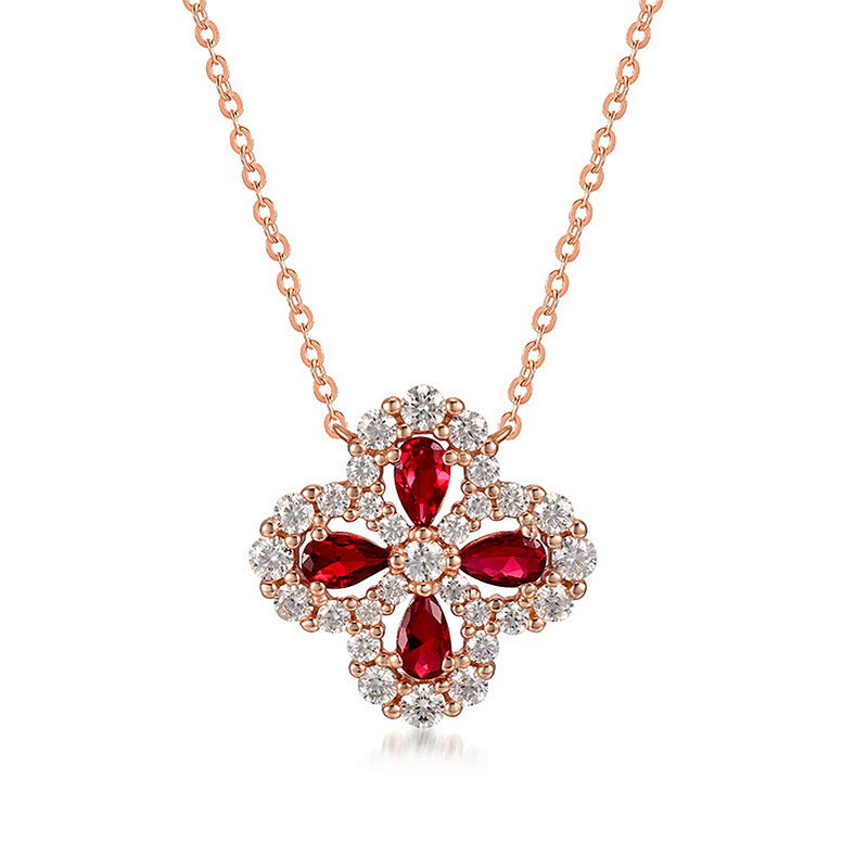 Four-leaf clover red gemstone pendant necklace - ZORVA JEWELRY Red 40cm+5cm
