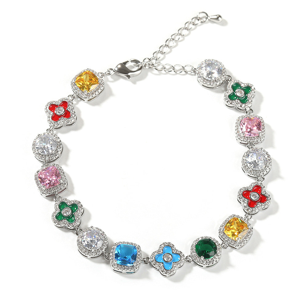 Colorful Four-Leaf Clover Gemstone Bracelet - ZORVA JEWELRY silvery