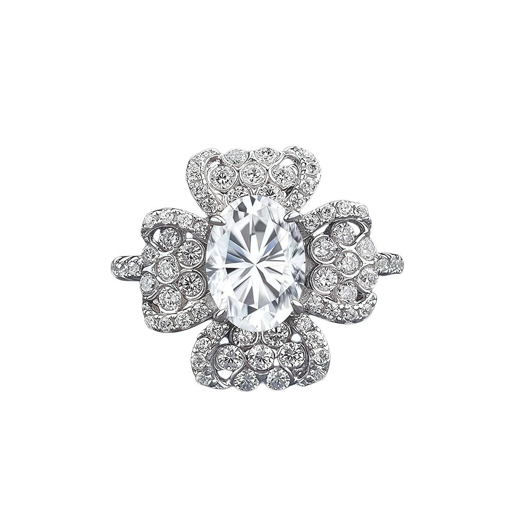 Four-Leaf Flower Oval Diamond Ring- ZORVA JEWELRY