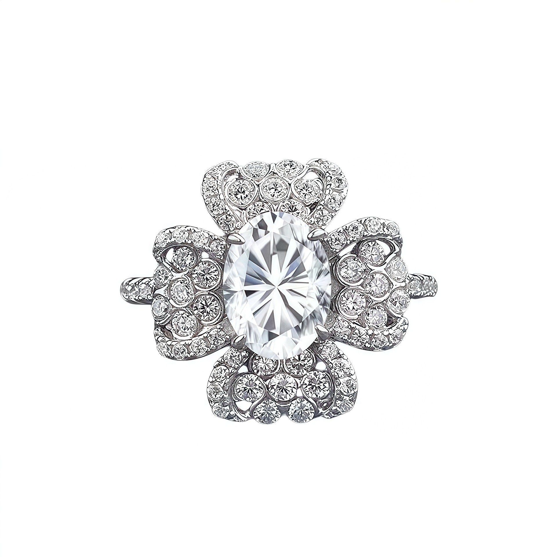 Four-Leaf Flower Oval Diamond Ring- ZORVA JEWELRY