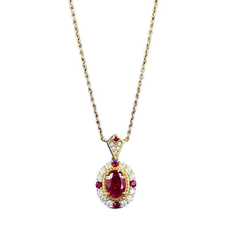 Yellow Gold Oval Ruby Halo Pendant Necklace - ZORVA JEWELRY