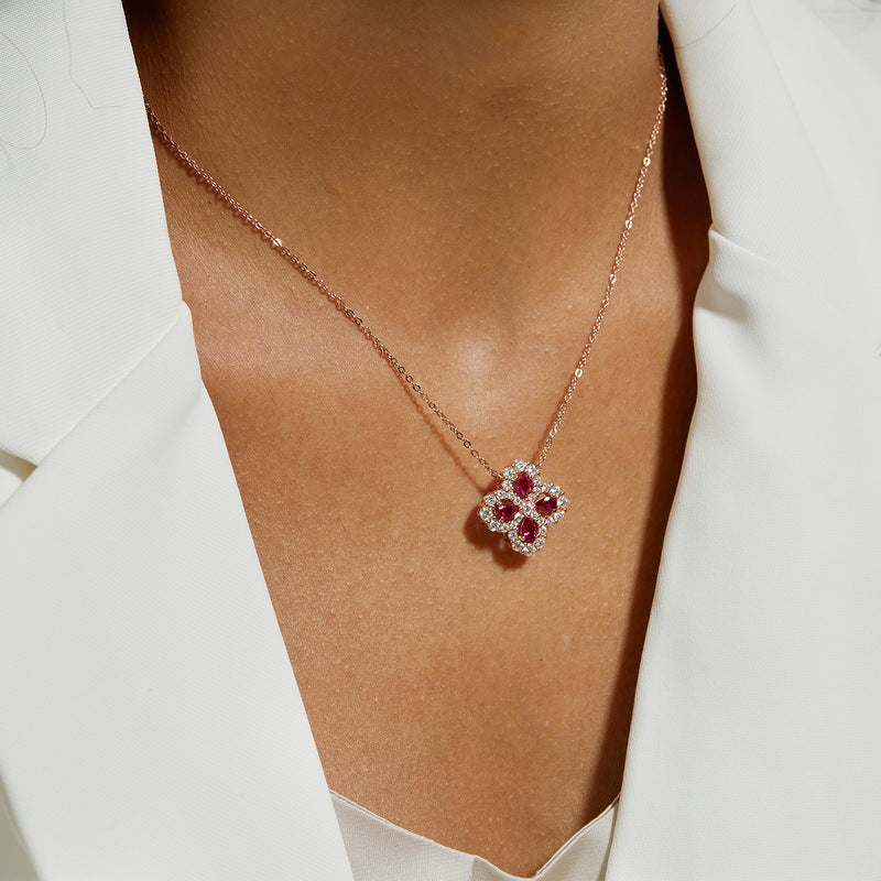 Four-leaf clover red gemstone pendant necklace - ZORVA JEWELRY