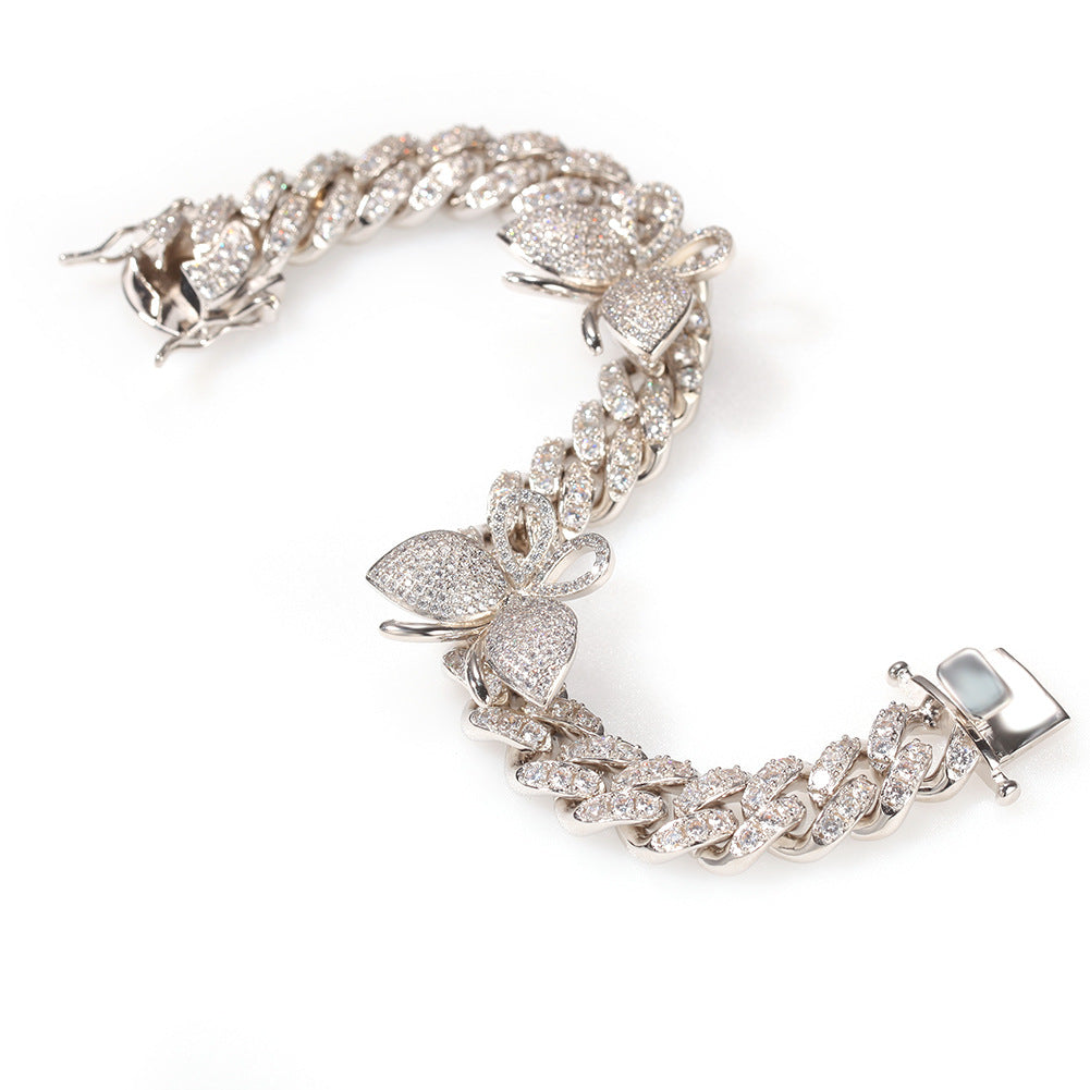 Butterfly Diamond-Encrusted Cuban Link Gold Bracelet - ZORVA JEWELRY silvery