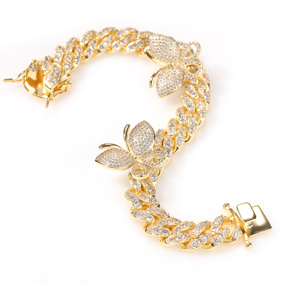 Butterfly Diamond-Encrusted Cuban Link Gold Bracelet - ZORVA JEWELRY golden