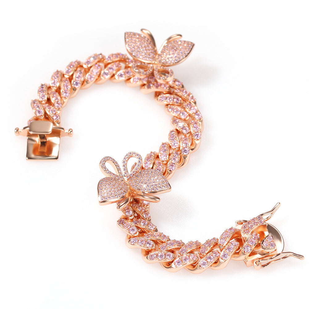 Butterfly Diamond-Encrusted Cuban Link Gold Bracelet - ZORVA JEWELRY Pink