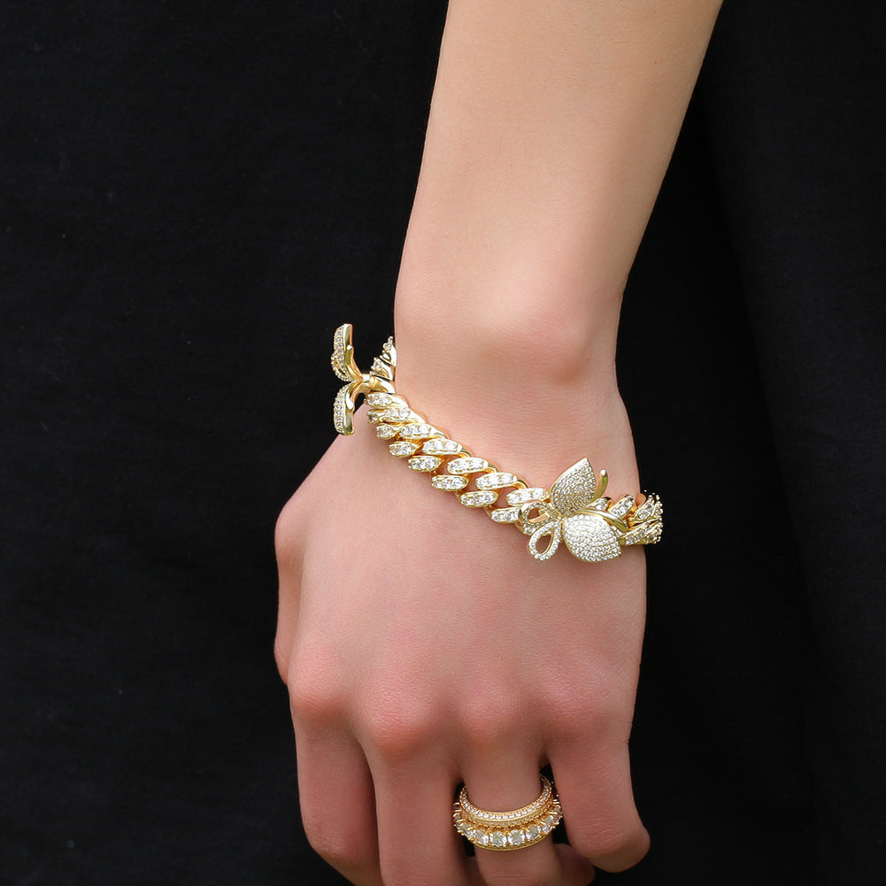 Butterfly Diamond-Encrusted Cuban Link Gold Bracelet - ZORVA JEWELRY