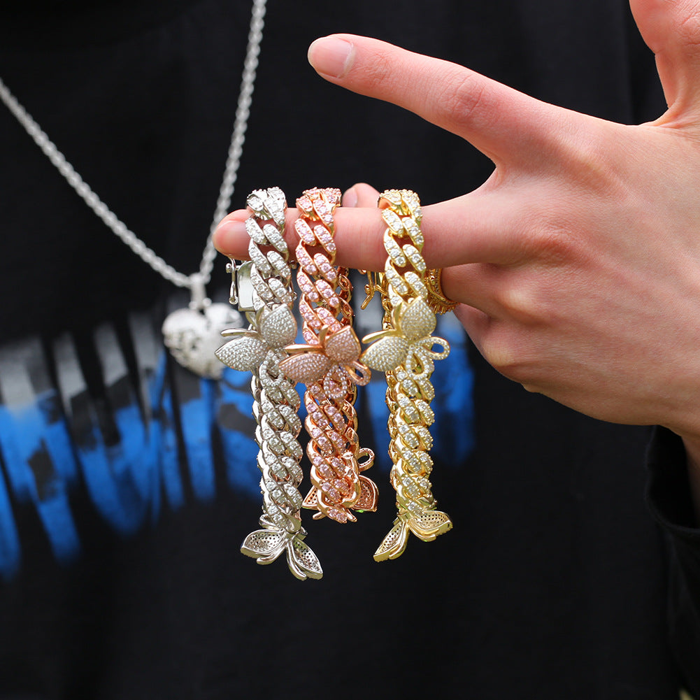 Butterfly Diamond-Encrusted Cuban Link Gold Bracelet - ZORVA JEWELRY